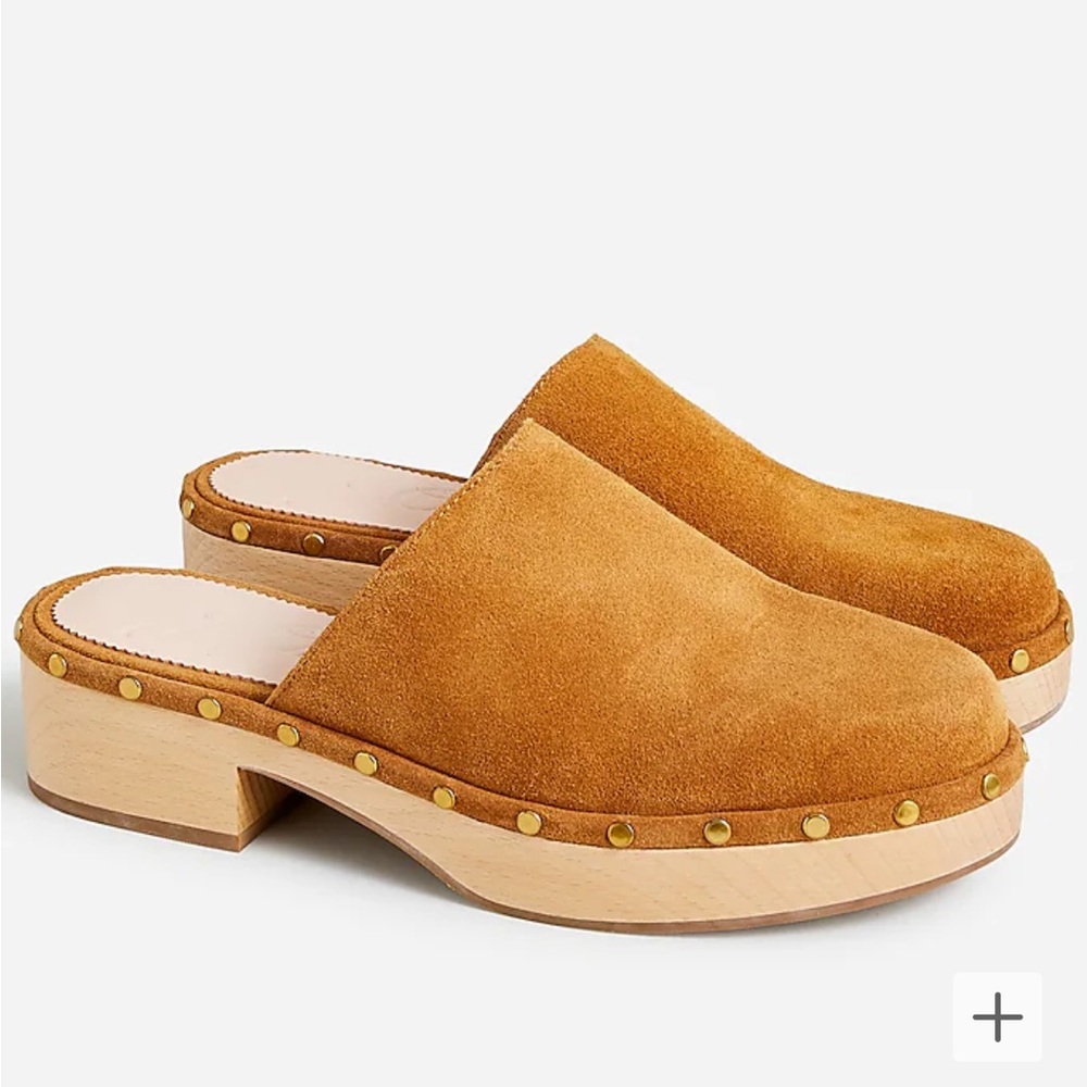 J. Crew Dakota Clogs in Suede Burnished Pecan Studded, Leather, Wood Sole, 7.5
